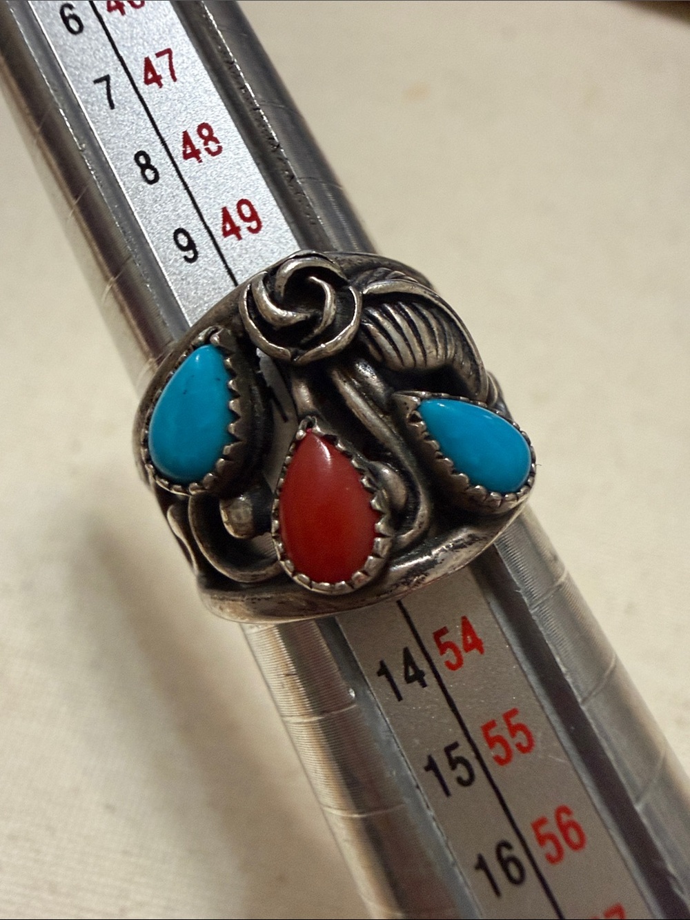 Sterling Silver Navajo Native Teardrop Turquoise & Coral Statement Ring size 6